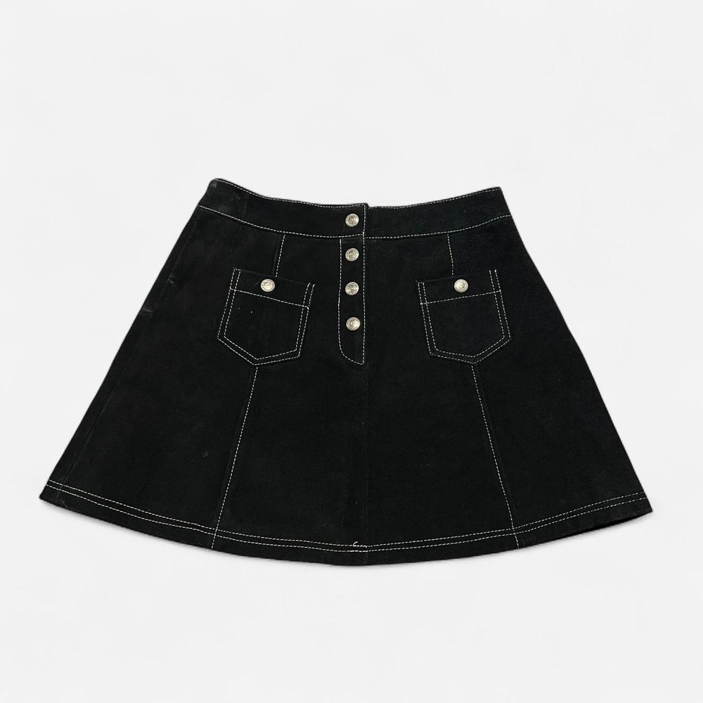 Vintage 90s Womens Black Suede Leather Mini Skirt Sleaze Glam Silver Snap Sz 5